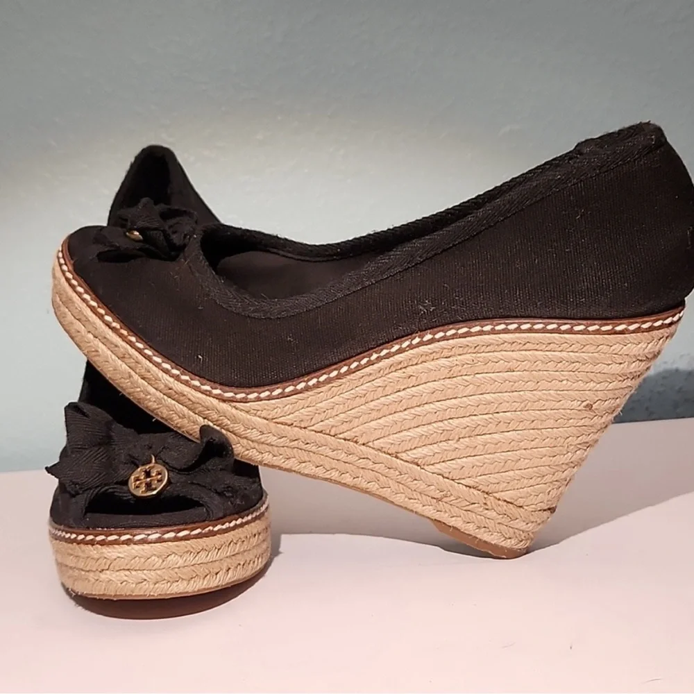 Tory Burch Black Canvas Jackie Bow Espadrille Wedge Pumps
